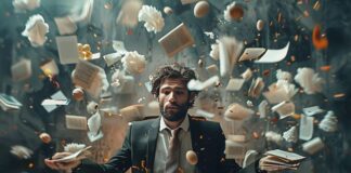 The Myth of Multitasking: How It Impacts Remote Work Productivity Worker surrounded by blowing papers showing the myth of multitasking