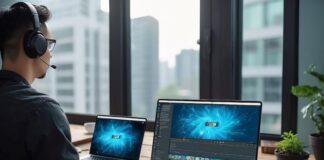 Boost Digital Content with Transcription and Subtitle Services man working on two laptops doing transcription and subtitle services