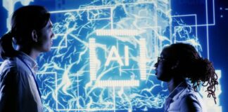 AI Answer Generators: The Future of Instant, Accurate Information Two workers in front of a digital screen with the letters "AI" on it, showing AI answer generators