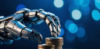 When Will AI Investments Show Returns? A robot hand moving bitcoins to show AI investments