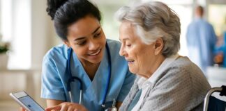 Developing an Efficient Caregiver Management System by Hutko.dev Caregiver and patient discussing Hutko management website