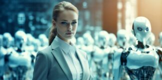 AI Leadership To Stress The Opportunities in Transformational Change woman leader with AI robots in the background as she looks for transformational change