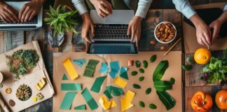 How Businesses Can Grow by Embracing Sustainability top view of business owners embracing sustainability with green products