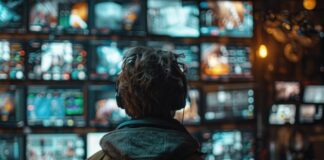 Best AI Video Generators for Faceless Video Creation in 2024 video creator in front of screens showing faceless video creation