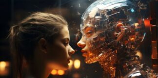 Healing Journey: Personalized AI Therapy the Future of Mental Health girl and AI bot face to face in a mental health healing journey