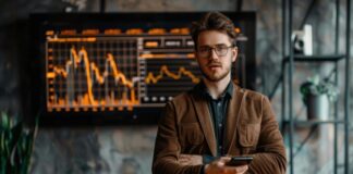 Why Automated Trading is Crucial for Modern Investors A modern investor presenting his growth in front of a TV with a graph