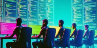 Which Online Bootcamp for Data Science or Data Analysis Is Best? Graphic of 5 people in front of monitors and data screen taking an online bootcamp