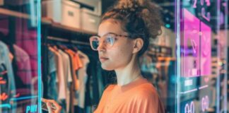 How to Use Technology for Retail Marketing Woman in a clothing store with marketing images showing technology for retail