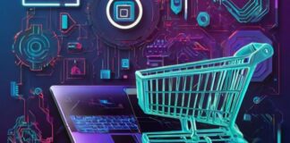 The Best AI Tools for e-Commerce Graphic of shopping cart and internet images to show tools for e-Commerce