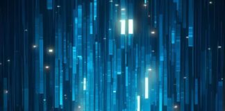 Blockchain Technology: How Is It Transforming User Experience? Graphic of falling lighted blocks to illustrate transforming user experience