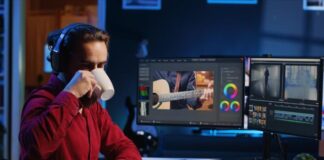 3D Animation Video Production: From Concept to Completion videographer editing 3D animation video while drinking coffee