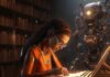 5 Best Free AI Writing Tools to Supercharge Your Writing Futuristic image of student and robot using AI writing