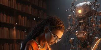 5 Best Free AI Writing Tools to Supercharge Your Writing Futuristic image of student and robot using AI writing