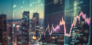 The Journey Behind Reflexivity Tall buildings behind a graph of investments, showing the journey behind Reflexivity