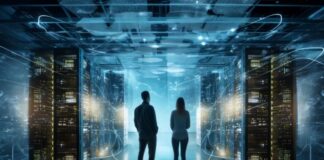 Protect Your Business with a Cloud Security Solution cloud security solution in a server room with two people