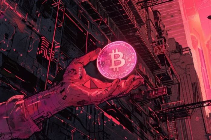 Crypto Trading's future illustrated with red hand holding bitcoin