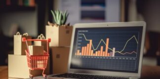 E-Commerce Trends: Preparing Your WooCommerce & Shopify Stores for 2025 laptop with sales graphs, with toy shopping cart for shopify stores
