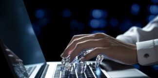 AI in Fraud Detection for Financial Institutions human and AI hand using AI in fraud detection