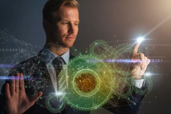 man using interactive display to show billing and connectivity systems