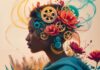 Neuroscience-Based Techniques: Deep Work in Distracting Environments illustration of woman with gears and flowers on her head, to show deep work