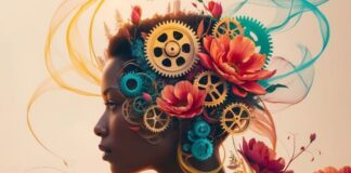 Neuroscience-Based Techniques: Deep Work in Distracting Environments illustration of woman with gears and flowers on her head, to show deep work