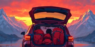 Future Trends in Insurance Claims Handling Car with gear in hatchback on mountain, illustrating trends in insurance claims handling