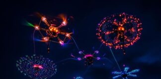 How Much Does a Drone Light Show Cost? drone light show cost is high, shown with several shapes and patterns in the sky