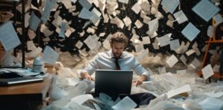 How to Recover Lost Data from RAID 6 man trying to recover lost data with paper flying around