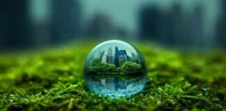 Tech Solutions That Support Sustainable Living at Home water drop with green city inside, showing sustainable living