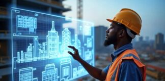 Smart Construction: How IoT is Revolutionizing Building Sites Man wearing safety helmet using smart construction software on virtual screen