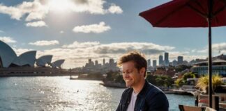 Search Engine Optimization in Sydney in 2025: Leveraging AI Man working on laptop in Sydney in 2025 in front of the opera house