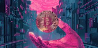 How Bitcoin Volatility Works bitcoin volatility shown with pink and grey stylized hand and coin