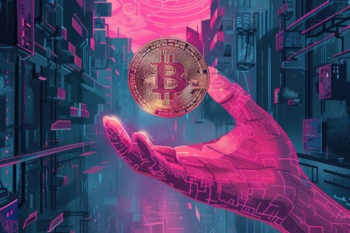 bitcoin volatility shown with pink and grey stylized hand and coin