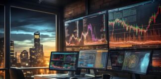 Emerging Trends in Forex Trading Technology For 2025 Forex trading technology shown with many screens with financial graphs