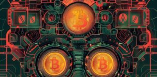 Can NFT Grow in Value as Much as Cryptocurrencies? graphic showing grow in value with robot face with bitcoin eyes