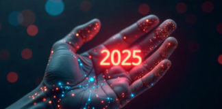 Navigating 2025: Tech Trends for Enterprise Growth and Innovation tech growth and innovation in 2025 shown with a lighted hand holding "2025"