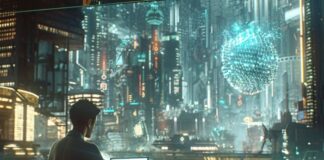 Navigating the Future with Key Technology Trends for 2025 key technology trends in the future, shown with man on laptop in lighted city