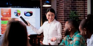 How Does CZUR StarryHub Q1 Redefine the Meeting Experience? a meeting experience with a group of coworkers with one presenting graphs