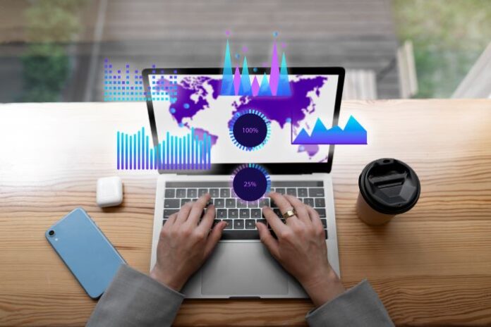 Website performance on laptop with stylized graphs