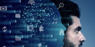 5 Things to Consider When Implementing AI in Business Man's profile with stylized AI profile showing AI in business