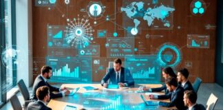 Top Five ERP Selection Mistakes and How to Avoid ThemĀ ERP selection process in a boardroom with management and graphs floating above