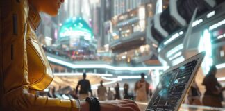 IT Modernization for Small Businesses: Where to Start? IT modernization shown with futuristic office and woman on laptop