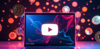 Why Consider Cryptocurrency for YouTube Payouts? Youtube payouts with cryptocurrency, shown with laptop with coins falling behind it