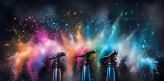 The Technology Behind Aerosol Packaging: Innovation in Spray Systems three aerosol packaging devices spraying neon colors on black background