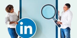 Best LinkedIn Automation Tools for Your Brand in 2025 LinkedIn automation tools shown with two people by a huge screen, magnifying glass, and the word "in"