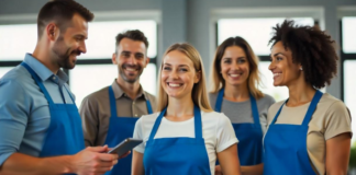 How AI and Technology Are Revolutionizing Cleaning Services cleaning services team holding supplies and a tablet with scheduling tech on it