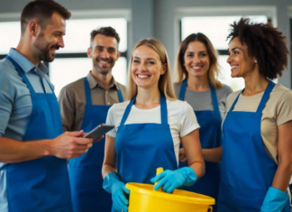How AI and Technology Are Revolutionizing Cleaning Services cleaning services team holding supplies and a tablet with scheduling tech on it