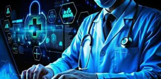 The Importance of Cybersecurity in Healthcare cybersecurity in healthcare shown with a doctor on a laptop, with lock graphics