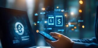 Top 5 Financial Assistance Websites to Explore in 2025 man using smartphone and laptops to receive financial assistance, with dollar signs in foreground