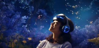 How AR/VR Could Transform the Music Streaming Experience smiling girl using AR/VR virtual reality for music streaming